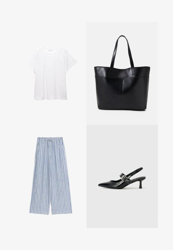 Biała koszulka wykonana z miękkiej, lekkiej tkaniny. Posiada okrągły dekolt oraz krótkie, szerokie rękawy, zapewniające luźny krój. Brak widocznych wzorów.; Niebieskie i białe pasiaste spodnie szerokie w nogawkach z elastycznym paskiem, wykonane z lekkiego materiału, z pionowymi paskami i luźnym krojem.; Czarne lakierowane szpilki slingback z wąskim noskiem i małym słupkiem, z ozdobnym srebrnym klamrą na pasku.; Czarna skórzana torba na ramię z dwoma długimi uchwytami, gładką teksturą i sztywną formą. Posiada przednią kieszeń dla dodatkowego przechowywania.
