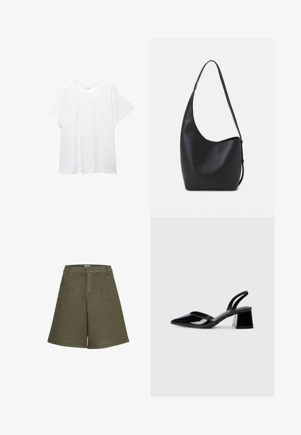 T-shirt bianco realizzato in un tessuto morbido e leggero. Presenta un collo rotondo e maniche corte e larghe con vestibilità morbida. Nessun motivo visibile.; Pantaloni corti verde oliva realizzati in tessuto testurizzato, dotati di un design a gamba ampia, tasche frontali e una vita senza cuciture per un look sartoriale.; Décolleté in vernice nera con punta affusolata e tacco in geometria cubica. Presentano un design elegante e minimalista, con una texture liscia.; Borsa hobo nera in pelle con una superficie liscia, forma curvata e una singola tracolla regolabile; presenta un'ampia apertura nella parte superiore.