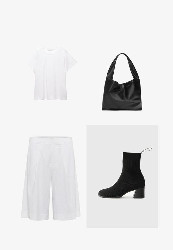 Bijela majica od mekane, lagane tkanine. Ima okrugli izrez i kratke, široke rukave s ležernim krojem. Bez vidljivih uzoraka.; Bijele lanene kratke hlače s slobodnim krojem, s širokim nogavicama, prednjim naborima i glatkom teksturom za prozračnost.; Camper KORA - Klasične gležnjače - black; Crna kožna torba s mekanim, opuštenim dizajnom, širokim drškama i glatkom teksturom. Nema vidljive opreme ili ukrasa.