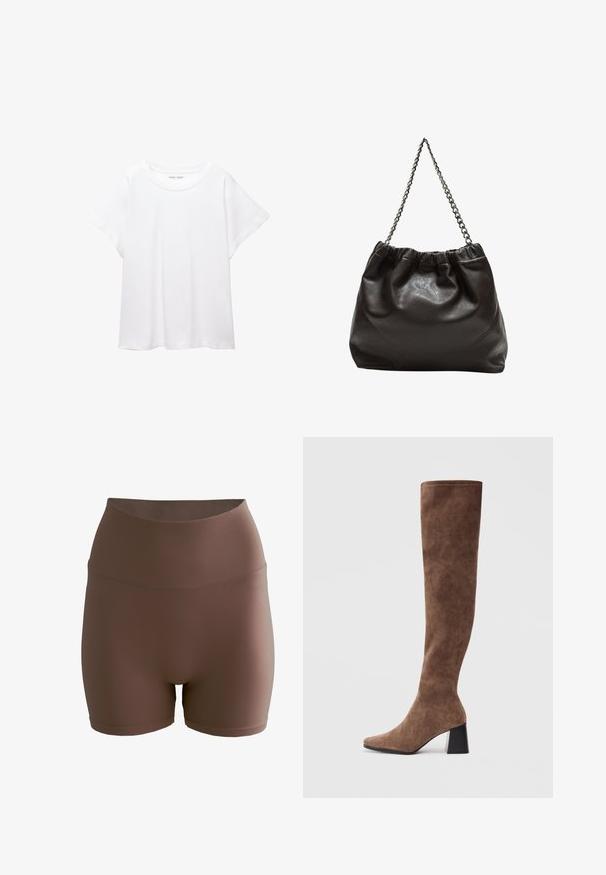 T-shirt bianco realizzato in un tessuto morbido e leggero. Presenta un collo rotondo e maniche corte e larghe con vestibilità morbida. Nessun motivo visibile.; aim’n® SHAPE SEAMLESS - Shorts - brown; Stivali marroni sopra il ginocchio in morbido camoscio, con punta affusolata e tacco grosso nero. Il design presenta cuciture senza soluzione di continuità per un aspetto elegante.; Borsa in pelle marrone con parte superiore arricciata e tracolla a catena. Texture liscia con finitura lucida e dettagli di cucitura sottili sui lati.