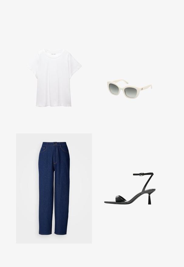 Valkoinen T-paita, joka on valmistettu pehmeästä ja kevyestä kankaasta. Omistaa pyöreän kaula-aukon ja lyhyet, leveät hihat rentoa istuvuutta varten. Ei näkyviä kuvioita.; Tummansiniset farkkuvaatteen leveälahkeiset housut, joissa on korkea vyötärö, oranssit tikkaukset, etutaskut ja nappisulku. Silkkinen pinta, jossa on hienoja pilkkuja.; Bershka Korolliset sandaalit - black; Valkoiset muoviset aurinkolasit kissansilmämallilla, liukuväriset harmaat linssit, kiinteät tempaukset ja kultainen logo-yksityiskohta sivuilla.; Kudottu olkilaukku vaaleanbeigessä, kaarevassa muodossa, lyhyellä hihnalla ja sivuvetoketjulla. Ominaisuuksiin kuuluu teksturoidumpaa pintaa ja minimalistinen muotoilu.