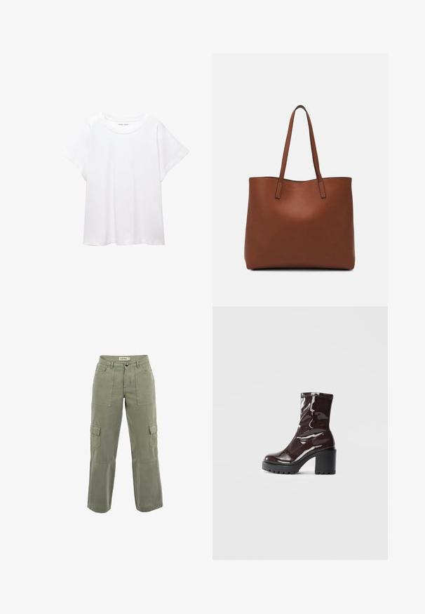 Bílý tričko vyrobené z měkké, lehké tkaniny. Má kulatý výstřih a krátké, široké rukávy s uvolněným střihem. Bez viditelných vzorů.; Khaki cargo kalhoty vyrobené z bavlněné směsi. Obsahují dvě velké boční kapsy, dvě přední kapsy a mají rovný, uvolněný střih se šitými detaily.; Lesklá bordó kotníková bota s masivním černým podpatkem, se hladkým povrchem a jednoduchým designem. Žádné viditelné zapínání ani vzory.; Hnědá kožená taška přes rameno s hladkou texturou, otevřeným designem a dvěma ramenními popruhy. Obsahuje minimální švy a žádné viditelné kovové prvky.