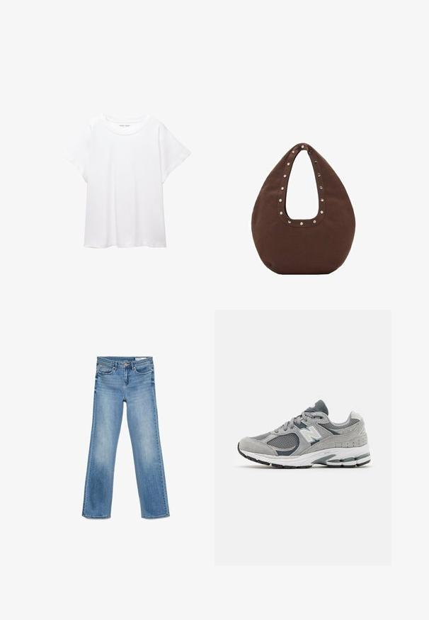 Biele tričko vyrobené z mäkkého, ľahkého materiálu. Má okrúhly výstrih a krátke, široké rukávy s uvoľneným strihom. Bez viditeľných vzorov.; Svetlomodré denimové džínsy s klasickým dizajnom piatich vreciek, so zapínaním na gombík a zips, a strihom s rovnými nohavicami.; Sivé tenisky s sieťovinou a semišovými materiálmi, so bielym logom, vypolstrovaným golierom a textúrovanou gumovou podrážkou. Akcenty v tmavšej sivej.; Hnedá taška cez rameno s zakriveným tvarom, so šikovne vyrezaným úchytom zdobeným striebornými nitmi pozdĺž okraja. Vyrobená z mäkkej textílie.