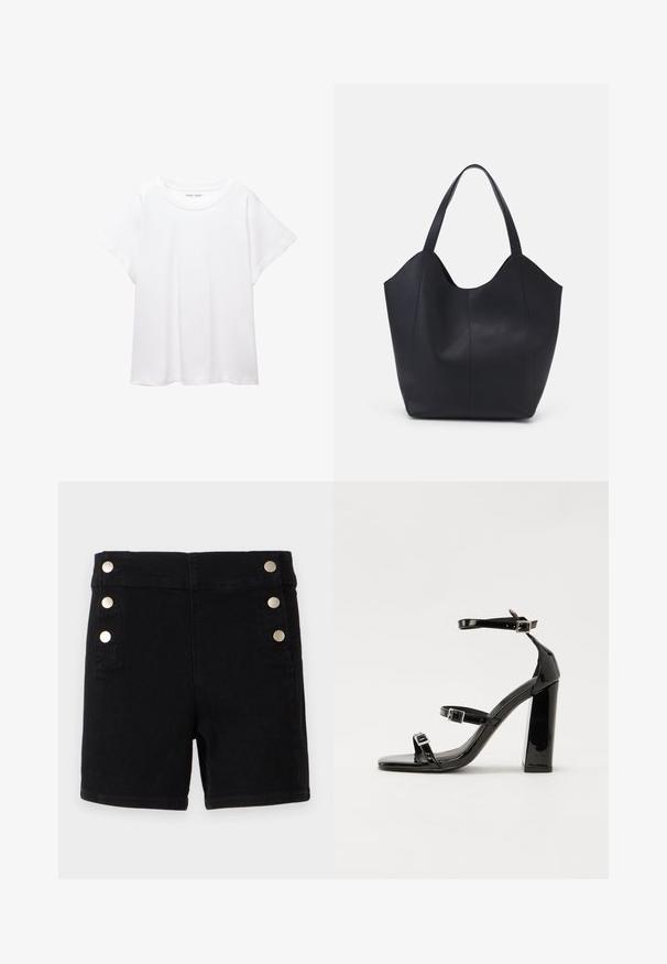 Biele tričko vyrobené z mäkkého, ľahkého materiálu. Má okrúhly výstrih a krátke, široké rukávy s uvoľneným strihom. Bez viditeľných vzorov.; Čierne riflové šortky s vysokým pásom, s zlatými gombíkmi na boku, dizajn piatich vreciek a rovný strih na leme.; Čierne lakované sandále na podpätku so štvorcovou špičkou, navlečenými remienkami okolo členku a striebornými prackami. Disponujú masívnym blokovým podpätkom pre stabilitu.; Čierna taška s dlhým uchom vyrobená z hladkej kože, s oblým otvoreným vrchom a dvoma ramennými popruhmi, minimalistického dizajnu.