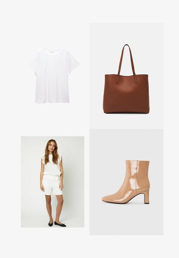 Fehér póló, puha, könnyű anyagból készült. Kerek nyakú, rövid, széles ujjaival és laza szabásával rendelkezik. Nincsenek látható minták.; Moves PENSI - Rövidnadrágok - snow white; Meztelen színű, patent bőr bokacsizma hegyes orral, fényes felülettel és közepes magasságú tömbsarkúval. Simább textúra és elegáns sziluett.; Barna bőr vászontáska sima textúrával, nyitott tetejű dizájnnal és két vállpánttal. Minimális varrással és látható hardver nélkül készült.