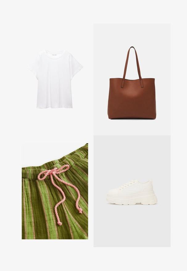 Bijela majica od mekane, lagane tkanine. Ima okrugli izrez i kratke, široke rukave s ležernim krojem. Bez vidljivih uzoraka.; Zeleni prugasti materijal s mekom teksturom i ružičastom vezicom. Ima vertikalne pruge različitih nijansi i naborani struk.; Bijela platnena tenisica s debelim potplatom, zaobljenim vrhom i pet rupica za vezice. Stražnji tab za jednostavno obuvanje. Glatka tekstura, minimalistički dizajn.; Smeđa kožna torba preko ramena s glatkom teksturom, otvorenim vrhom i dvjema naramenicama. Ima minimalne šavove i nema vidljivog hardvera.