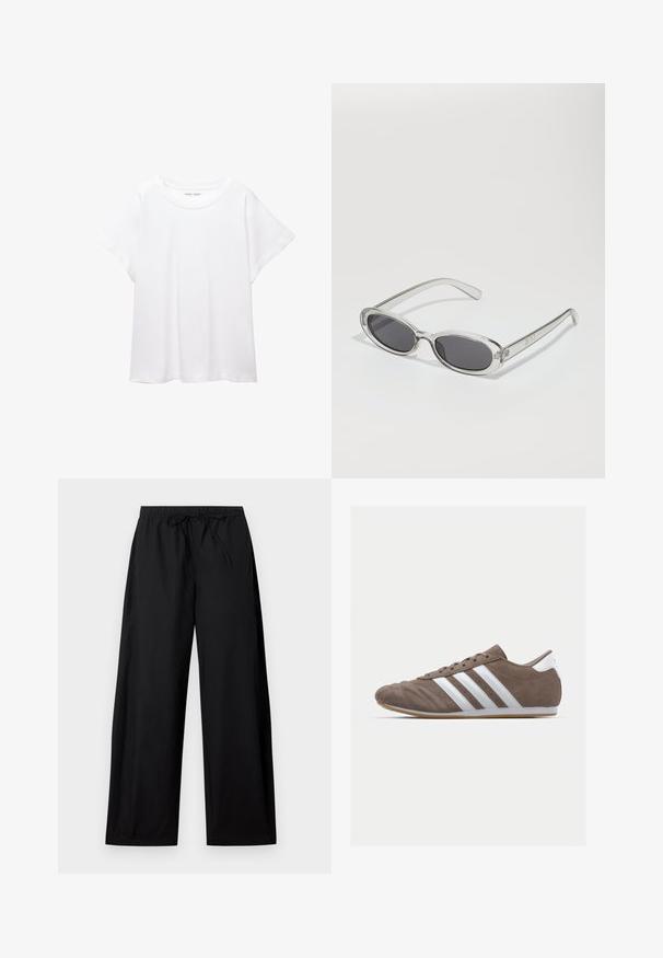 Bela majica s kratkimi rukavi, izdelana iz mehkega in lahkega blaga. Ima okroglo ovratnico ter kratke, široke rokave z udobnim krojem. Brez vidnih vzorcev.; Črne široke hlače z elastičnim pasom in vezalko. Narejene iz lahkega materiala, z gladko teksturo in preprostim dizajnom.; Rjav semafor športni copat z belimi črtami, okroglo nos, vezalni dizajn in gumijastim podplatom. Tekstura zgornjega dela s šivi.; Sončna očala ovalne oblike, prozoren plastičen okvir, temno sivi leči in tanke prozorne roke z logotipnimi akcenti in minimalnimi detajli.; Rjava usnjena torba z gladko teksturo, odprto zasnovo zgoraj in dvema naramnima trakovoma. Opremljena je z minimalnim šivanjem in brez vidnih kovinskih delov.