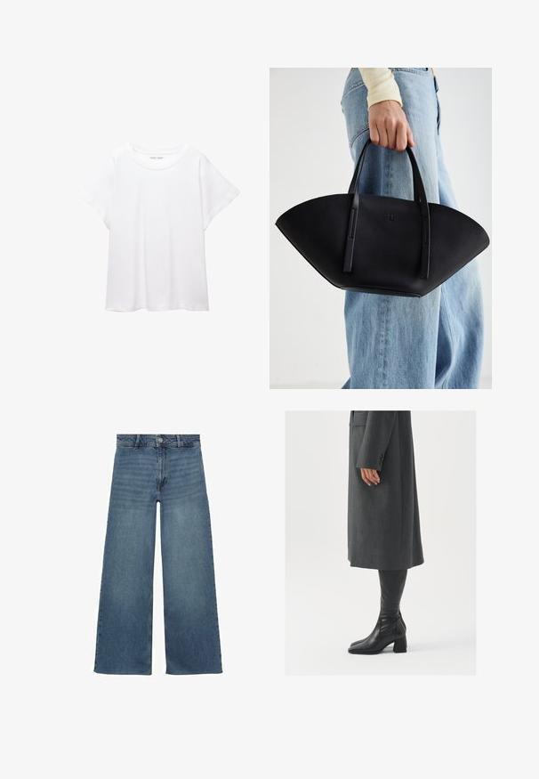 Bela majica s kratkimi rukavi, izdelana iz mehkega in lahkega blaga. Ima okroglo ovratnico ter kratke, široke rokave z udobnim krojem. Brez vidnih vzorcev.; Široke modre kavbojke z visokim pasom, ki imajo zaponko in zadrgo, ter gladko, teksturirano tkanino.; Siv prešita zimska plašča ravnega kroja; obuta z visokimi črnimi usnjenimi škornji, ki imajo kvadratni nos in debel pet.; Črna usnjena torbica z edinstveno obliko ventilatorja, z ravnimi ročaji. Površina ima teksturo z drobnimi kamni in minimalističen dizajn.