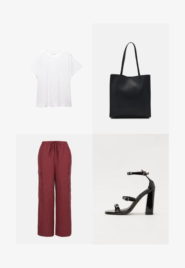 Fehér póló, puha, könnyű anyagból készült. Kerek nyakú, rövid, széles ujjaival és laza szabásával rendelkezik. Nincsenek látható minták.; Bordó cargo nadrág könnyű szövetből, állítható derékkal, széles lábakkal és két oldalsó cargo zsebbel.; Fekete lakk magas sarkú szandál négyzet alakú orral, bokapántokkal és ezüst csatokat tartalmaz. Masszív blokk sarka a stabilitásért felel.; Fekete bőrtáska sima felszínnel, téglalap alakú, két hosszú füllel. Nincs látható fémkiegészítő vagy díszítés.