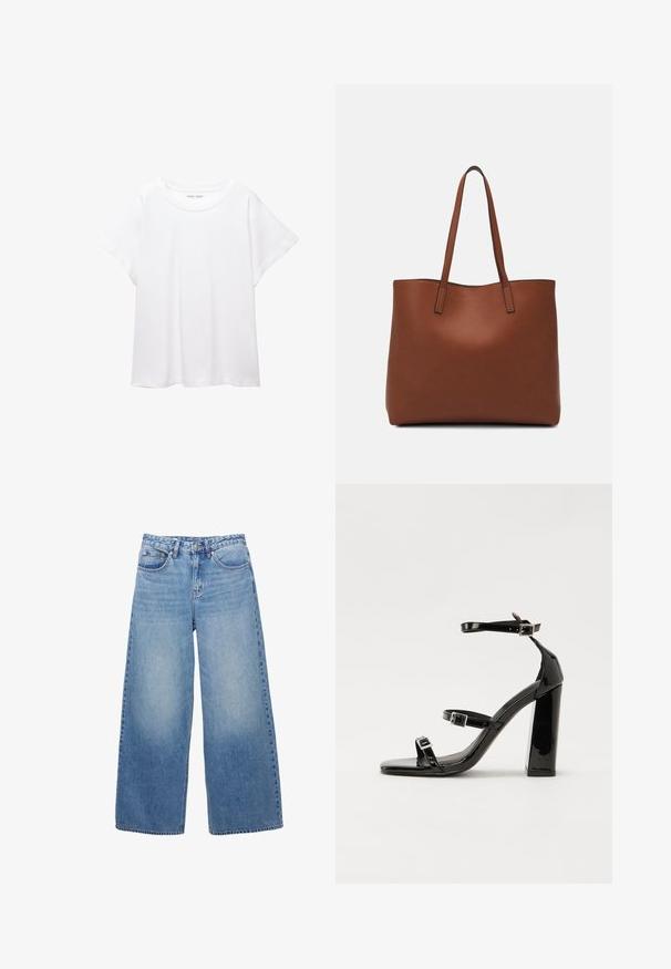 Bijela majica od mekane, lagane tkanine. Ima okrugli izrez i kratke, široke rukave s ležernim krojem. Bez vidljivih uzoraka.; Svijetloplave traperice širokih nogavica. Imaju zatvaranje na gumb i patentni zatvarač, ušice za remen te prednje i stražnje džepove.; Crne lakirane sandale na visoku petu s dva remena s kopčama, kvadratnim vrhom i masivnom blok petom, s glatkom, sjajnom teksturom.; Smeđa kožna torba preko ramena s glatkom teksturom, otvorenim vrhom i dvjema naramenicama. Ima minimalne šavove i nema vidljivog hardvera.