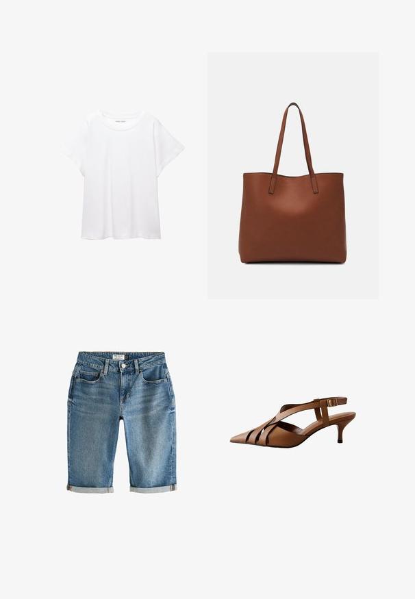 Fehér póló, puha, könnyű anyagból készült. Kerek nyakú, rövid, széles ujjaival és laza szabásával rendelkezik. Nincsenek látható minták.; Kék denim, térdhez érő rövidnadrág, lehajtott szegéllyel, öt zsebbel és fémből készült gombos zárással. Az anyag enyhén megkopott hatású.; Barna bőrből készült magassarkú cipő slingback pánttal és hegyes orral, több keresztpánttal és kis sarokkal, oldalsó csattal rögzítve.; Barna bőr vászontáska sima textúrával, nyitott tetejű dizájnnal és két vállpánttal. Minimális varrással és látható hardver nélkül készült.