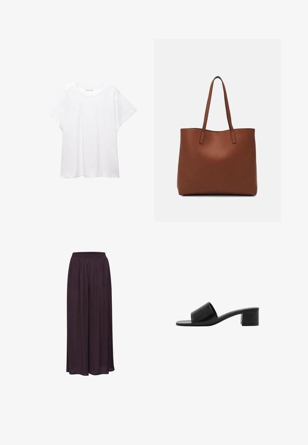 T-shirt bianco realizzato in un tessuto morbido e leggero. Presenta un collo rotondo e maniche corte e larghe con vestibilità morbida. Nessun motivo visibile.; Pantaloni larghi realizzati in tessuto leggero di colore viola scuro. Presentano una vita elastica e un design fluido con una texture liscia.; Sandal in pelle nera open-toe con una fascia ampia e un tacco a blocco solido. Caratterizzato da una texture liscia e un design minimale.; Borsa tote in pelle marrone con texture liscia, design con apertura superiore e due spallacci. Presenta cuciture minime e nessun hardware visibile.