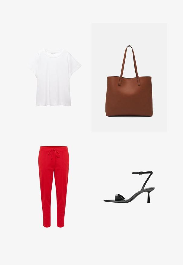 Fehér póló, puha, könnyű anyagból készült. Kerek nyakú, rövid, széles ujjaival és laza szabásával rendelkezik. Nincsenek látható minták.; Piros sportos nadrág, puha anyagból, húzózsinóros derékkal és szűkített láb kialakítással. Simább textúra, minta vagy díszítés nélkül.; Bershka Magas sarkú szandálok - black; Barna bőr vászontáska sima textúrával, nyitott tetejű dizájnnal és két vállpánttal. Minimális varrással és látható hardver nélkül készült.