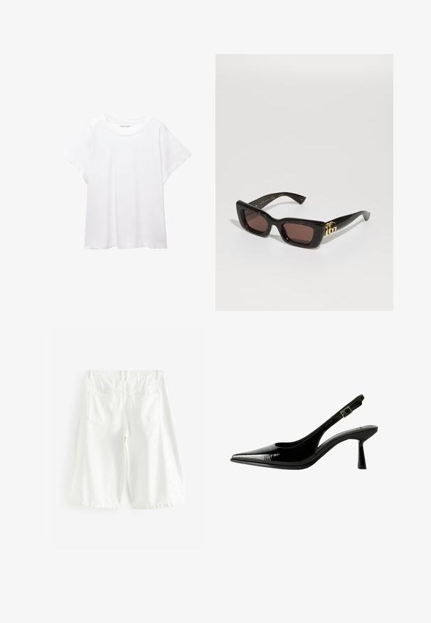 Tricou alb dintr-un material moale și ușor. Prezintă un decolteu rotund și mâneci scurte, largi, cu un croi lejer. Fără modele vizibile.; Pantaloni scurți din denim alb din bumbac, cu croială dreaptă, având două buzunare la spate, bucle pentru centură și un tiv care se termină puțin deasupra genunchiului.; Pantofi cu toc slingback din piele patent neagră, cu vârf ascuțit, laterale decupate, curea la gleznă ajustabilă și toc subțire, elegant.; Ochelari de soare tortoiseshell negri cu lentile dreptunghiulare, nuanță de maron, ramă groasă și detaliu cu logo dublu-G aurie pe temple.; Geantă de umăr din piele roșie, cu un design curbat, textură netedă și închidere cu fermoar. Dispune de un mâner subțire pentru transport.