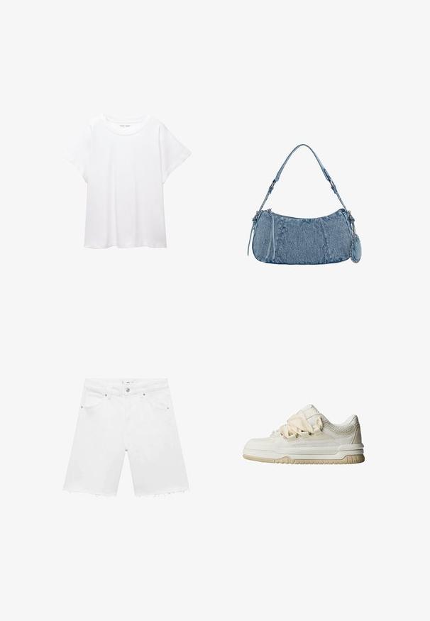 Bijela majica od mekane, lagane tkanine. Ima okrugli izrez i kratke, široke rukave s ležernim krojem. Bez vidljivih uzoraka.; Bijele traper kratke hlače s rastrganim rubom, pet džepova, kopčanje na gumb i suptilna detaljna šavova na stražnjem dijelu. Standardni kroj i lagana tkanina.; Niske tenisice u boji izblijedjele bijele, od kože s mrežastim detaljima, s debelim vezicama, jastučićastim đonom i teksturiranim detaljima na gornjem dijelu.; Denimska torba s zakrivljenim oblikom, svijetloplave boje, podesivim remenom za rame i malim odvojivim džepom s metalnim akcentima.