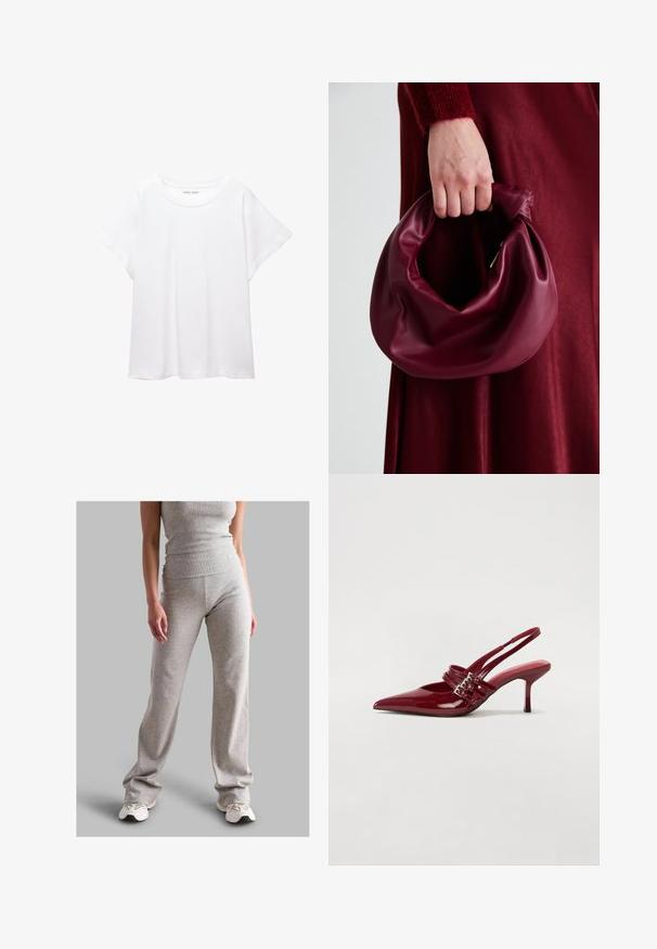 Witte T-shirt van zacht, lichtgewicht stof. Heeft een ronde halslijn en korte, brede mouwen met een ontspannen pasvorm. Geen zichtbare patronen.; Grijze geribde tanktop en bijpassende broek gemaakt van rekbaar materiaal. De broek heeft een uitlopende snit en wordt gecombineerd met lichte sneakers.; Rode gepatenteerde leren slingbackhakken met een spitse neus, twee gespsluitingen en een slanke, middelhoge stilettohak. Glad textuur.; Bordeaux leren handtas met een zacht, gegathered ontwerp en een ronde vorm. De handgreep is stevig bevestigd en toont een gladde textuur.