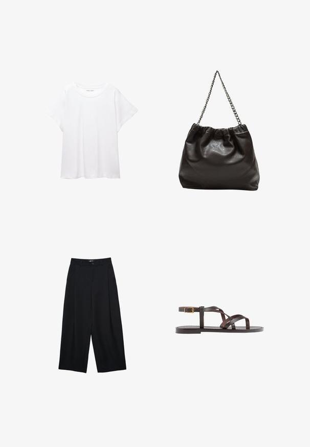 Bela majica s kratkimi rukavi, izdelana iz mehkega in lahkega blaga. Ima okroglo ovratnico ter kratke, široke rokave z udobnim krojem. Brez vidnih vzorcev.; Črne široke hlače iz gladkega materiala, z zapiranjem na gumb spredaj, z naborki in stranskimi žepi za dodatno funkcionalnost.; Rjav usnjen sandal z načinom prečnega črta, zaklepom okoli gležnja in ravnim podplatom z minimalnimi šivi.; Rjava usnjena torba z nabranim vrhom in verižnim trakom. Gladka tekstura z sijajno površino in subtilnimi šivi na straneh.