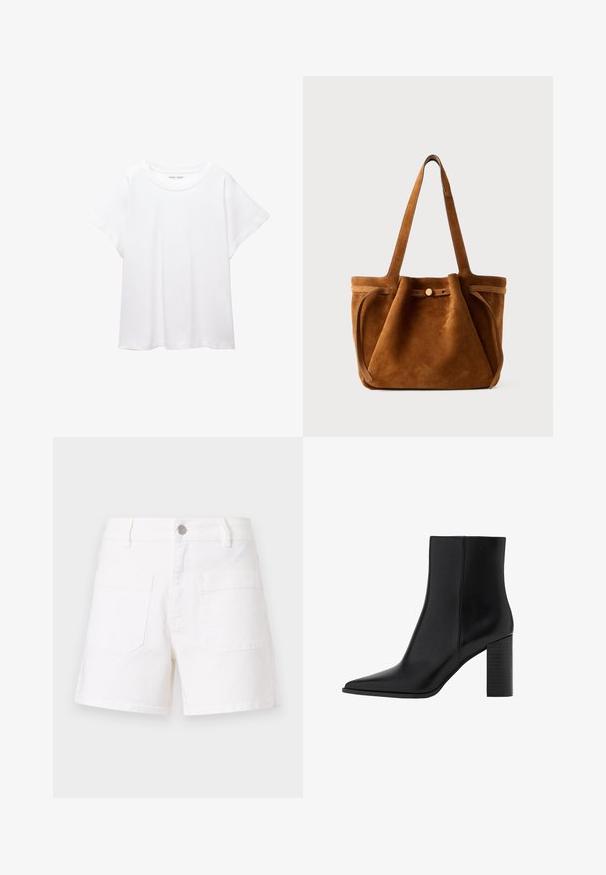 Hvid T-shirt lavet af blødt, let stof. Har en rund halsudskæring og korte, brede ærmer med en afslappet pasform. Ingen synlige mønstre.; Hvide denimshorts med lige pasform, der har to baglommer og lukning med metalknap. Glat tekstur og klassisk design.; Sorte læder ankelstøvler med spidse tæer, firkantet hæl, glat tekstur og syningsdetaljer langs sømmene. Hælene måler cirka 9 cm.; Brun suede tote taske med dobbelthåndtag, en lukning med knap og en afslappet, let slaskete form.