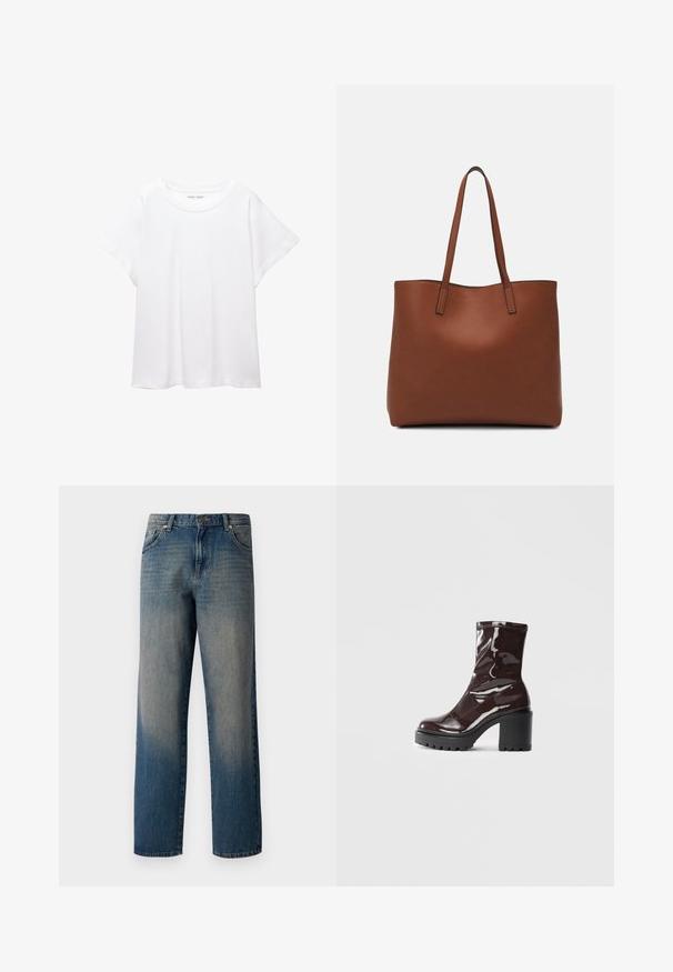 Bela majica s kratkimi rukavi, izdelana iz mehkega in lahkega blaga. Ima okroglo ovratnico ter kratke, široke rokave z udobnim krojem. Brez vidnih vzorcev.; Modre denim hlače s ravnim krojem, ki se svetlijo od temne do svetle barve, vključujejo pet žepov in imajo gumb na pasu.; Sijajan škrlatank z bleščečim videzom, z masivnim črnim peto, ki se ponaša z gladko teksturo in preprostim dizajnom. Brez vidnih zapenjal ali vzorcev.; Rjava usnjena torba z gladko teksturo, odprto zasnovo zgoraj in dvema naramnima trakovoma. Opremljena je z minimalnim šivanjem in brez vidnih kovinskih delov.