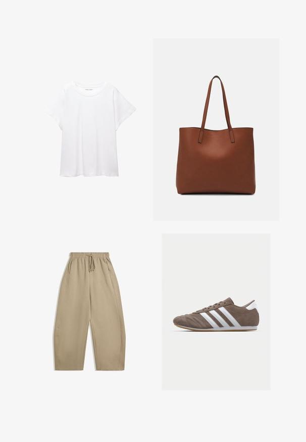Biele tričko vyrobené z mäkkého, ľahkého materiálu. Má okrúhly výstrih a krátke, široké rukávy s uvoľneným strihom. Bez viditeľných vzorov.; Béžové, široké nohavice vyrobené z jemnej tkaniny, s elastickým pásom na šnúrku a bočnými vreckami. Hladký povrch, jednoduchý dizajn.; Hnedé semišové športové topánky s bielymi pruhmi, okrúhly špičkový dizajn, šnurovacie zapínanie a gumená podrážka. Texturovaný zvršok s detailmi šitia.; Hnedá kožená taška na rameno s hladkou textúrou, otvoreným vrchom a dvoma ramenými popruhmi. Má minimálne šitia a žiadne viditeľné kovania.