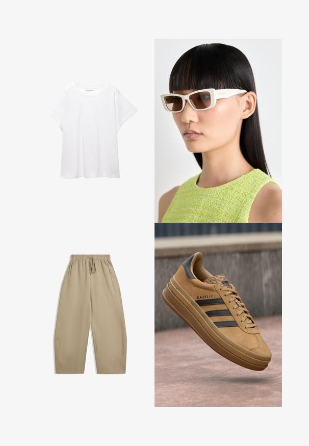 Witte T-shirt van zacht, lichtgewicht stof. Heeft een ronde halslijn en korte, brede mouwen met een ontspannen pasvorm. Geen zichtbare patronen.; Beige, wijde broek gemaakt van zachte stof, met een elastische tailleband met een trekkoord en zijzakken. Zachte textuur, eenvoudig ontwerp.; Tansuede sneakers met een gladde textuur, voorzien van drie donkere strepen, een ronde neus en een dikkere zool met een gemarmerde rand.; Witte rechthoekige zonnebril met bruine lenzen, met kleine accenten en dikke montuur. Het model heeft stijl haar en draagt een groene, gestructureerde top.