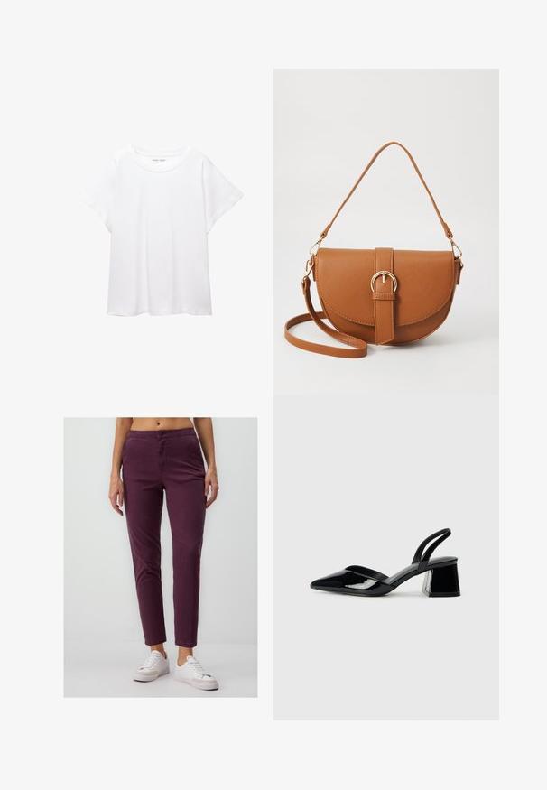 White T-shirt made of soft, lightweight fabric. Features a round neckline and short, wide sleeves with a relaxed fit. No visible patterns.; Burgundy slim-fit pants made of cotton, featuring a button closure, front pockets, and a cropped length, paired with white sneakers.; Black patent leather slingback heels with a pointed toe and a geometric block heel. Features a sleek, minimal design and smooth texture.; Brown leather crossbody bag with a curved shape, gold hardware, and a buckle accent. Features a detachable shoulder strap.