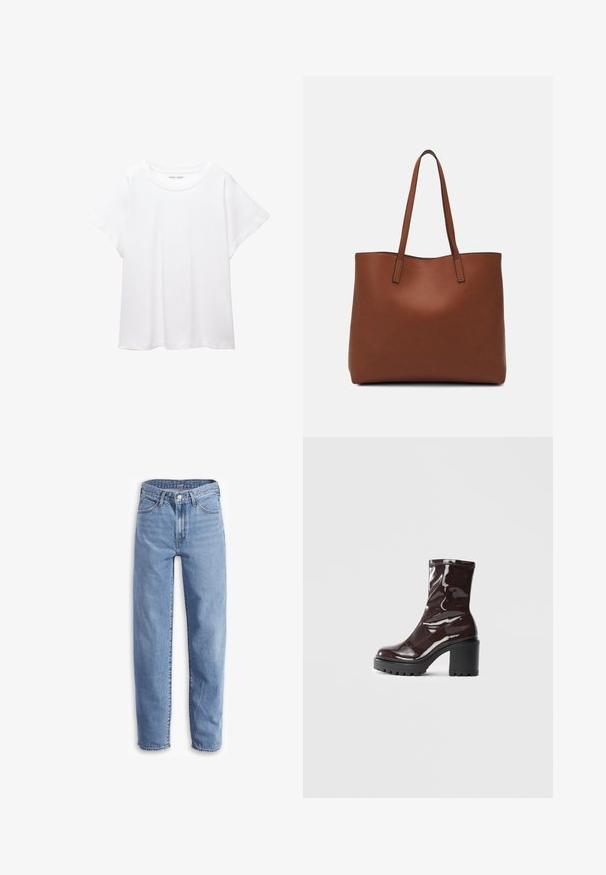 Fehér póló, puha, könnyű anyagból készült. Kerek nyakú, rövid, széles ujjaival és laza szabásával rendelkezik. Nincsenek látható minták.; Világoskék, farmerből készült, laza szabású, egyenes lábú nadrág, öt zsebes dizájnnal és szaggatott szegélyekkel a sportos megjelenésért.; Fényes bordó bokacsizma vastag fekete sarokkal, sima felülettel és egyszerű dizájnnal. Nincsenek látható zárak vagy minták.; Barna bőr vászontáska sima textúrával, nyitott tetejű dizájnnal és két vállpánttal. Minimális varrással és látható hardver nélkül készült.