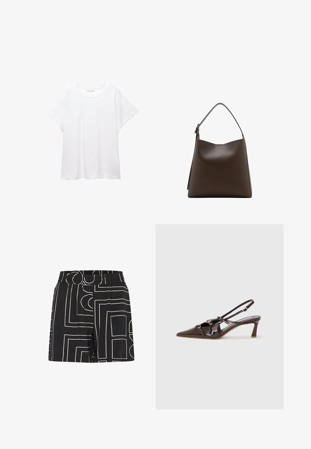 Valkoinen T-paita, joka on valmistettu pehmeästä ja kevyestä kankaasta. Omistaa pyöreän kaula-aukon ja lyhyet, leveät hihat rentoa istuvuutta varten. Ei näkyviä kuvioita.; Mustat shortsit, joissa on ryppyinen pinta ja geometrinen kermaisen värinen kuvio. Joustava vyötäröosa tarjoaa mukavuutta ja rennon istuvuuden.; Ruskea patenttina verhoiltu slingback-korkokenkä, jossa on teräväkärkinen muotoilu, säädettävät hihnat ja koristeelliset soljet edessä. Korkeus 3 tuumaa.; Ruskea nahkainen käsilaukku, jossa on kaareva yläosa, yksittäinen olkahihna ja sileä pinta. Ominaisuuksina minimalistinen muotoilu ja avoin sulku.