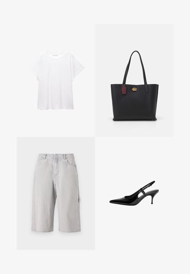 Bijela majica od mekane, lagane tkanine. Ima okrugli izrez i kratke, široke rukave s ležernim krojem. Bez vidljivih uzoraka.; Svijetlosivi traper šorts s opuštenim krojem, s pet džepova i bočnim cargo džepom. Tekstuirana tkanina s suptilnim izblijedjenjem.; Crne lakirane kožne sandale sa otvorenom petom, špicastim prstom, otvorima sa strane, tankom potpeticom i podesivom trakom oko članaka.; Crna kožna torba sa dugim ručkama, teksturiranim završetkom, zlatnim detaljima i bordo oznakom. Prostran dizajn s otvorenim vrhom.