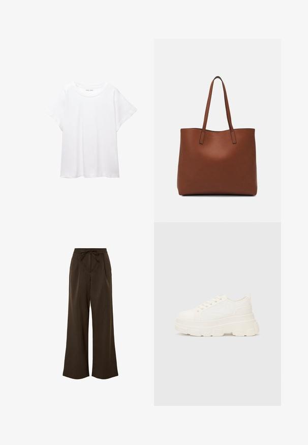Witte T-shirt van zacht, lichtgewicht stof. Heeft een ronde halslijn en korte, brede mouwen met een ontspannen pasvorm. Geen zichtbare patronen.; Pieces Broek - delicioso; Witte canvas sneaker met een stevige zool, ronde neus en vijf gaatjes voor veters. Achterste tab voor gemakkelijk aan- en uittrekken. Vloeibare textuur, minimalistisch ontwerp.; Bruine leren tote bag met een gladde textuur, een ontwerp met een open bovenkant en twee schouderbanden. Kenmerkt zich door minimale stiksels en geen zichtbare hardware.