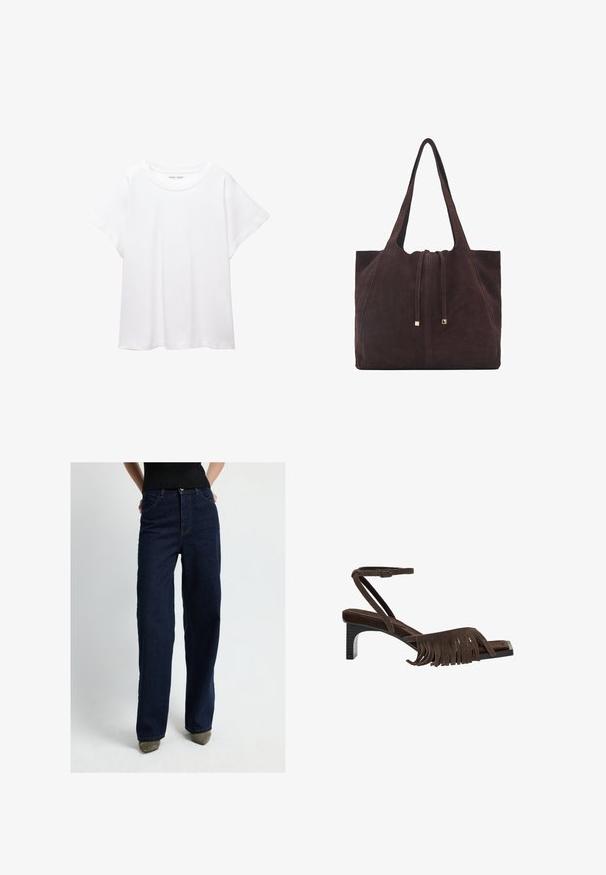 Biała koszulka wykonana z miękkiej, lekkiej tkaniny. Posiada okrągły dekolt oraz krótkie, szerokie rękawy, zapewniające luźny krój. Brak widocznych wzorów.; Granatowe dżinsy szerokie z nogawkami wykonane z denimu, z wysokim stanem, przednimi kieszeniami i kontrastowym przeszyciem. Modelka ma na sobie botki za kostkę.; Brązowe zamszowe sandały z frędzlami, paskiem na kostkę i niskim kwadratowym obcasem. Charakteryzują się eleganckim, minimalistycznym designem z delikatną fakturą.; Mango - Torba na zakupy