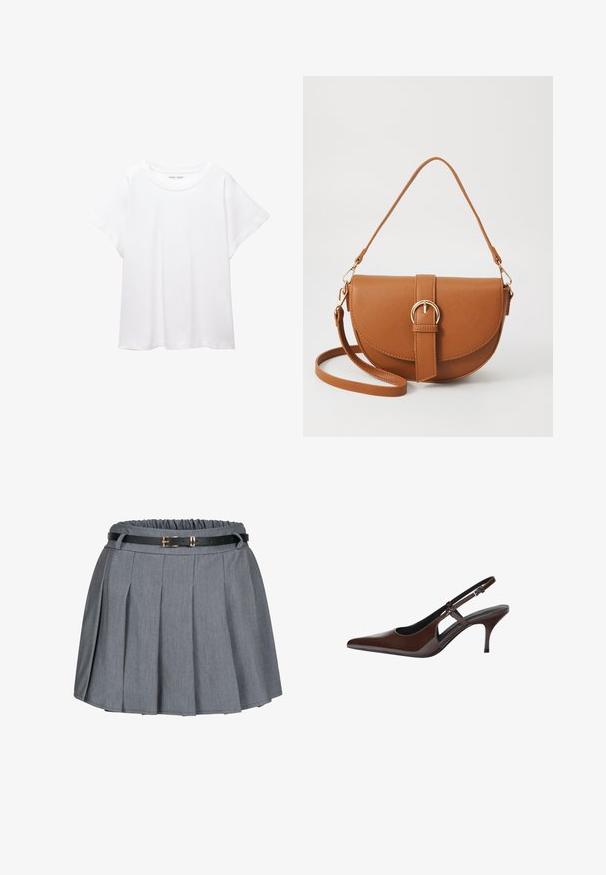 Biała koszulka wykonana z miękkiej, lekkiej tkaniny. Posiada okrągły dekolt oraz krótkie, szerokie rękawy, zapewniające luźny krój. Brak widocznych wzorów.; Szary plisowany spódniczki z gromadzonym pasem i czarnym paskiem z akcentem w postaci złotej klamry. Miękka tkanina o gładkiej fakturze.; Brązowe lakierowane sandały na słupku z ostrym noskiem, otwartymi wycięciami i cienkim obcasem. Posiadają regulowany pasek z klamrą.; Brązowa skórzana torba na ramię o zaokrąglonym kształcie, ze złotymi akcentami i zapięciem w formie klamry. Posiada odpinany pasek na ramię.