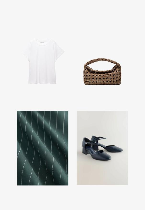 Witte T-shirt van zacht, lichtgewicht stof. Heeft een ronde halslijn en korte, brede mouwen met een ontspannen pasvorm. Geen zichtbare patronen.; Donkergroene stof met een gladde textuur, met witte golvende strepen die verticaal lopen en een subtiel patroon creëren.; Donkerblauwe blokhak schoenen met een ronde neus, een gladde lederen buitenkant, enkelband met een gesp en een open zijkant.; Geweven bruine handtas met een rechthoekige vorm, gestructureerd handvat en een textuurrijk oppervlak. Heeft een gesloten bovenkant en een ingewikkeld vlechtpatroon.