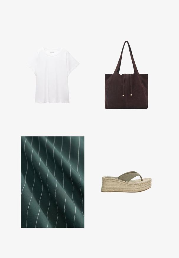 White T-shirt made of soft, lightweight fabric. Features a round neckline and short, wide sleeves with a relaxed fit. No visible patterns.; Dark green fabric with a smooth texture, featuring white wavy stripes running vertically, creating a subtle pattern.; Espadrille wedge sandals with a beige rope sole, olive green canvas straps, and a textured fabric upper. Lightweight design with a slip-on style.; Mango Tote bag - dark brown