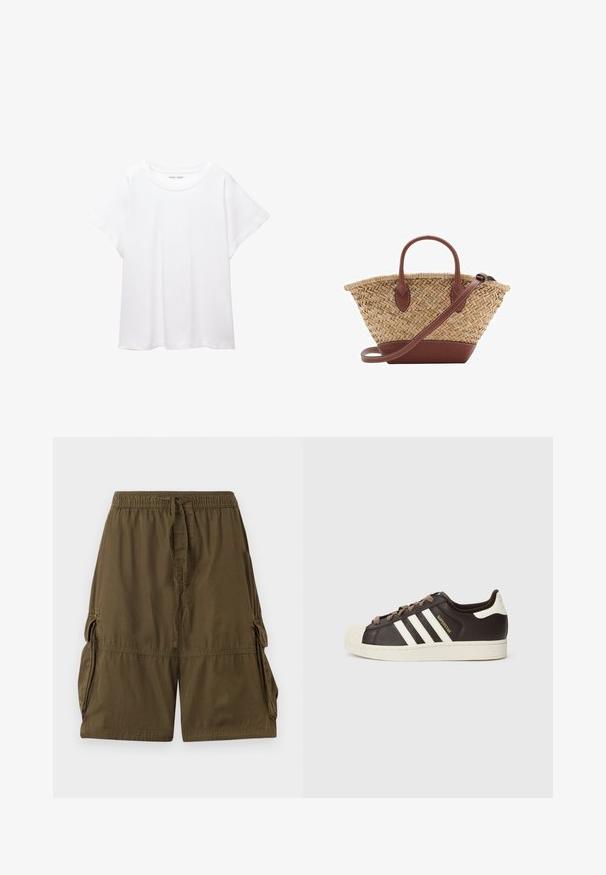 Biała koszulka wykonana z miękkiej, lekkiej tkaniny. Posiada okrągły dekolt oraz krótkie, szerokie rękawy, zapewniające luźny krój. Brak widocznych wzorów.; Khaki zielone szorty cargo wykonane z lekkiego materiału. Posiadają elastyczny pasek w talii, sznurek do regulacji oraz dwie boczne kieszenie cargo.; Niskie trampki Adidas Superstar z ciemnobrązowej skóry z kremowym noskiem w kształcie skorupy, białymi paskami i napisem „Superstar” po boku.; Woven straw basket bag with brown leather accents, two handles, and a detachable strap. Curved shape with a sturdy base.