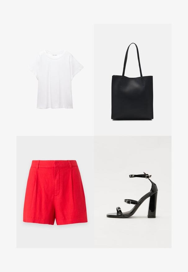 Biała koszulka wykonana z miękkiej, lekkiej tkaniny. Posiada okrągły dekolt oraz krótkie, szerokie rękawy, zapewniające luźny krój. Brak widocznych wzorów.; Czerwone lniane szorty o dopasowanym kroju, z pliskami, gładką teksturą i średnio wysokim stanem.; Czarne lakierowane sandały na obcasie z kwadratowym noskiem, z paskami wokół kostki i srebrnymi klamrami. Posiadają masywny słupek dla stabilności.; Czarna skórzana torba tote o gładkiej fakturze, prostokątnym kształcie i dwóch długich uchwytach. Brak widocznych elementów metalowych i ozdób.