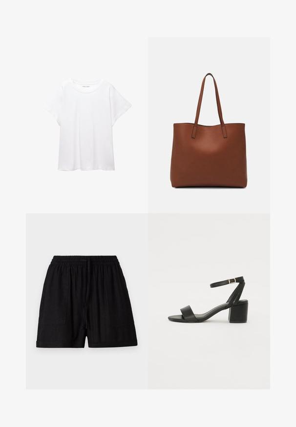 Bílý tričko vyrobené z měkké, lehké tkaniny. Má kulatý výstřih a krátké, široké rukávy s uvolněným střihem. Bez viditelných vzorů.; Černé lněné šortky s elastickým pasem, dvěma bočními kapsami a stahovací šňůrkou. Hladká textura a délka do poloviny stehna.; Černé sandály na vysokém podpatku s hladkým koženým svrškem, otevřenou špičkou, širokými předními pásky a nastavitelným páskem kolem kotníku se zlatou přezkou.; Hnědá kožená taška přes rameno s hladkou texturou, otevřeným designem a dvěma ramenními popruhy. Obsahuje minimální švy a žádné viditelné kovové prvky.