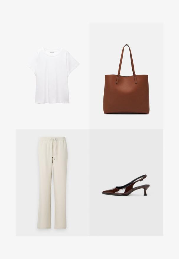 Bijela majica od mekane, lagane tkanine. Ima okrugli izrez i kratke, široke rukave s ležernim krojem. Bez vidljivih uzoraka.; Bež hlače s elastičnim strukom i vezicom. Ravan kroj, izrađene od mekog materijala, s minimalnim stilom bez uzoraka ili naglasaka.; Smeđe patentne kožne cipele s otvorenom petom, špicastim vrhom i umjerenom petom. Imaju remen s kopčom za sigurno pristajanje. Glatka tekstura.; Smeđa kožna torba preko ramena s glatkom teksturom, otvorenim vrhom i dvjema naramenicama. Ima minimalne šavove i nema vidljivog hardvera.