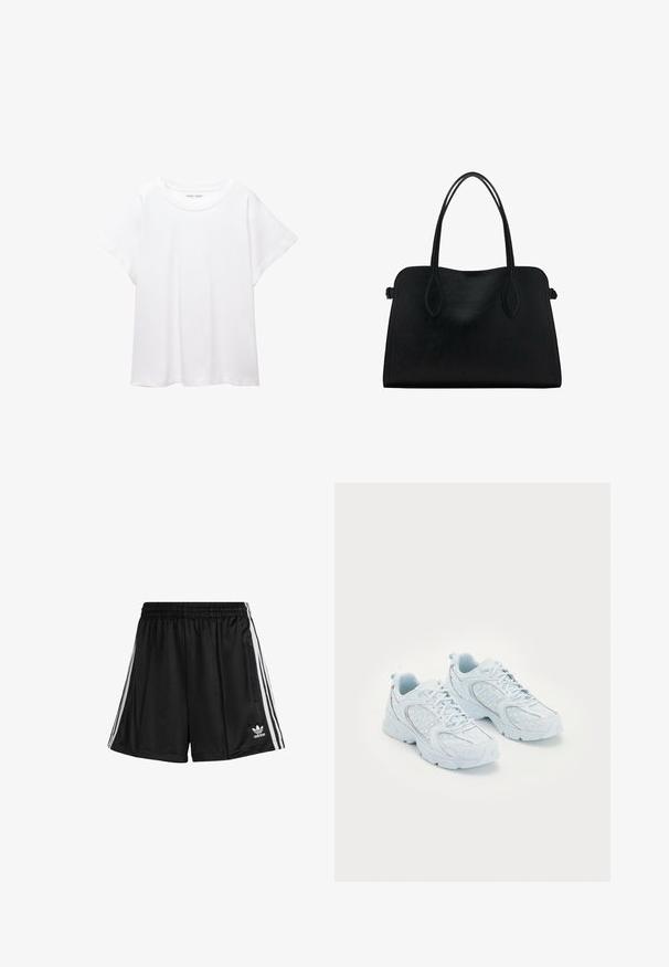 Bela majica s kratkimi rukavi, izdelana iz mehkega in lahkega blaga. Ima okroglo ovratnico ter kratke, široke rokave z udobnim krojem. Brez vidnih vzorcev.; Črne atletske kratke hlače z elastičnim pasom, z belimi stranskimi črtami in zadrgo na desni strani. Adidasov logo na spodnjem levem delu.; Svijetloplave atletske cipele s mrežastim i sintetičkim gornjim dijelom, s bijelim točkicama i reflektirajućim detaljima, vezice, te jastučićima u unutrašnjosti.; Črna usnjena torbica z dvema naramnima trakoma, pravokotne oblike in minimalističnim dizajnom na beli podlagi.