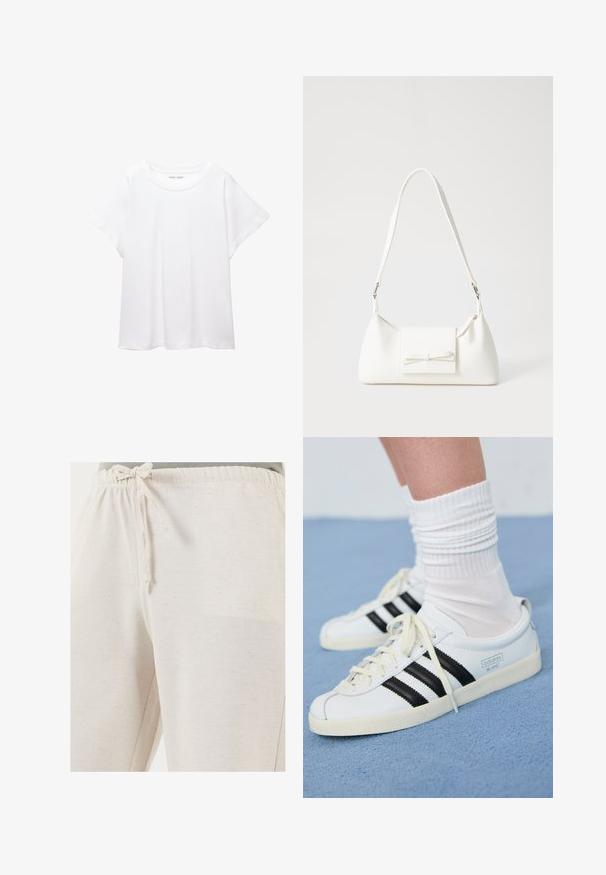 Witte T-shirt van zacht, lichtgewicht stof. Heeft een ronde halslijn en korte, brede mouwen met een ontspannen pasvorm. Geen zichtbare patronen.; LELA REGULAR FIT - Broek - beige; Witte leren sneakers met zwarte strepen, crèmekleurige zool en lichtkleurige veters. Draag met witte geribbelde sokken, gepositioneerd op een blauwe achtergrond.; Witte synthetische handtas met een driehoekige vorm, platte voorklep en strikdetail, verstelbare schouderriem, gladde textuur en minimalistisch ontwerp.