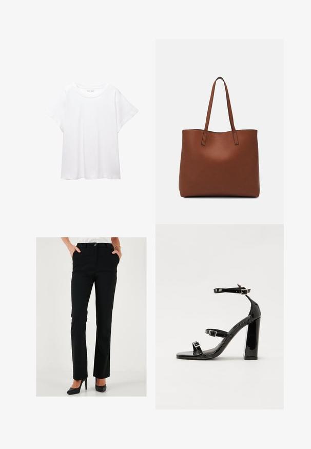 Tricou alb dintr-un material moale și ușor. Prezintă un decolteu rotund și mâneci scurte, largi, cu un croi lejer. Fără modele vizibile.; Pantaloni negri, croiți, cu un design drept, având închidere cu nasture și buzunare laterale, dintr-un material neted.; Sandale cu toc din patent negru, cu vârf pătrat, curele la gleznă și catarame din argint. Dispune de un toc gros pentru stabilitate.; Geantă de umăr din piele maro cu o textură netedă, design cu vârf deschis și două curele pentru umăr. Prezintă cusături minime și fără componente metalice vizibile.