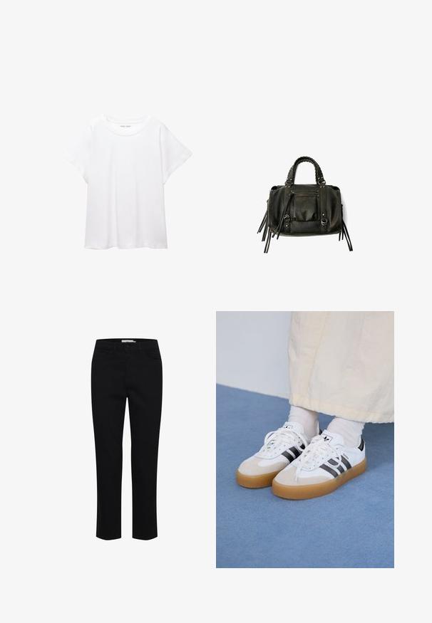 Bijela majica od mekane, lagane tkanine. Ima okrugli izrez i kratke, široke rukave s ležernim krojem. Bez vidljivih uzoraka.; Crne pamučne hlače, dizajnirane ravnog kroja. Sadrže pet džepova i prednje kopčanje na dugme. Glatka tekstura, minimalni detalji šivanja.; Bjele tenisice s crnim prugama i bež suknjom. Imaju teksturiranu gumu potplat i ravne bijele vezice, nošene uz svijetle čarape.; Crna kožna torba s pletenim ručkama, džepom na zatvarač i visećim resicama. Teksturirana površina s metalnim zakovicama i hardverskim naglascima.