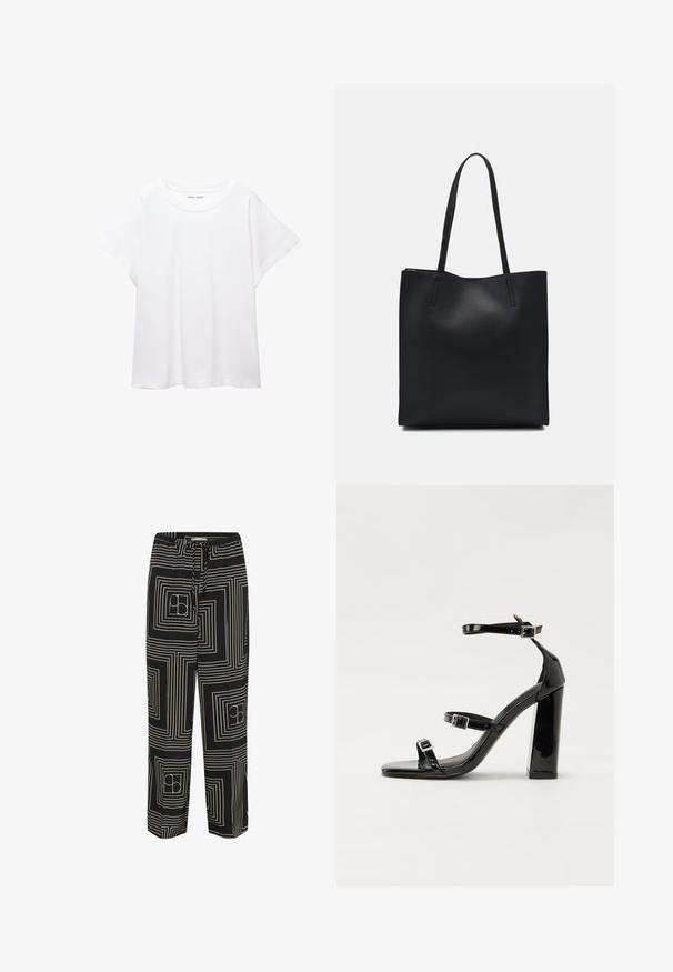Biele tričko vyrobené z mäkkého, ľahkého materiálu. Má okrúhly výstrih a krátke, široké rukávy s uvoľneným strihom. Bez viditeľných vzorov.; Čierne nohavice s geometrickým vzorom bielych priamok a štvorcov, navrhnuté s elastickým pásom a voľným strihom.; Čierne lakované sandále na vysokom opätku s dvoma prackami, štvorcovou špičkou a hrubým blokovým opätkom, s hladkou, lesklou textúrou.; Čierna kožená taška na rameno s hladkým povrchom, obdĺžnikovým tvarom a dvoma dlhými uchami. Bez viditeľného kovania alebo ozdôb.