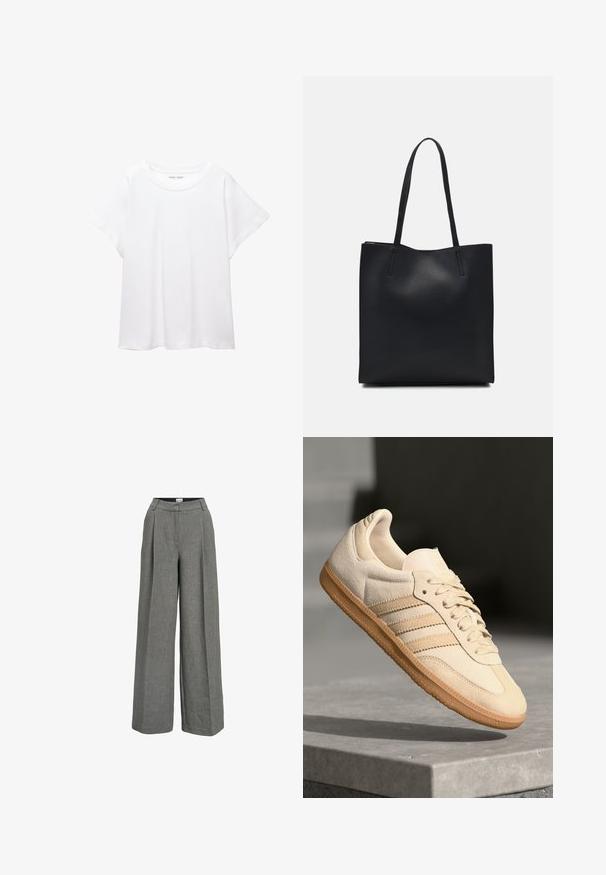 Weißes T-Shirt aus weichem, leichtem Stoff. Mit runder Halslinie und kurzen, weit geschnittenen Ärmeln für einen lässigen Sitz. Keine sichtbaren Muster.; Graue weit geschnittene Hose aus leichtem Stoff. Sie verfügt über einen gefalteten Vorderbereich, hohe Taille und eine glatte Textur.; Helle beigetöne Wildledersneaker mit Gumminsohle, drei schrägen Streifen und einer strukturierten Zehenkappe. Mit Logo auf der Zunge und der Seite.; Schwarze Laptoptasche aus Leder mit glatter Textur, rechteckiger Form und zwei langen Griffen. Keine sichtbaren Beschläge oder Verzierungen.