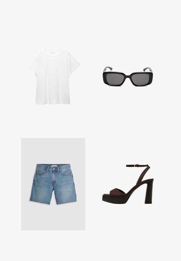 Biele tričko vyrobené z mäkkého, ľahkého materiálu. Má okrúhly výstrih a krátke, široké rukávy s uvoľneným strihom. Bez viditeľných vzorov.; Džínsové šortky svetlomodrej farby s rovnými nohavicami, piatimi vreckami a zapínaním na gombík. Vyrobené z bavlny s hladkou textúrou.; Hnedé semišové sandále na vysokom podpätku s otvorenou špičkou, nastaviteľným členkovým remienkom a pruhovanou platformovou podrážkou.; Čierne obdĺžnikové slnečné okuliare s tmavými sklami, hladkým plastovým rámom a zakrivenými stranami. Dizajn je robustný s minimalistickou estetikou.