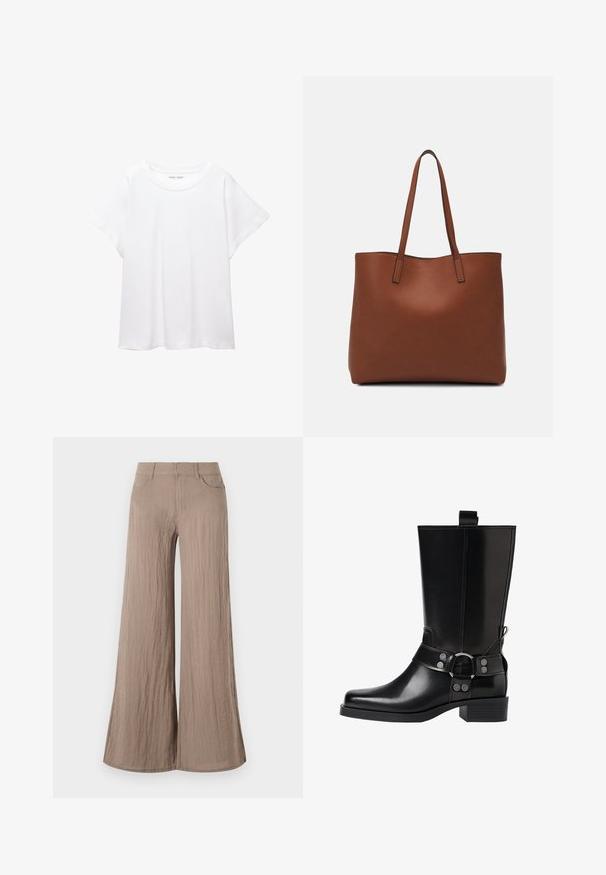 White T-shirt made of soft, lightweight fabric. Features a round neckline and short, wide sleeves with a relaxed fit. No visible patterns.; Light brown wide-leg pants with a textured finish, featuring a high waist, front pockets, and a flowing, loose silhouette.; Black leather knee-high boot with a pointed toe, silver buckle accents, and a chunky heel. Features a pull tab for easy wear.; Brown leather tote bag with a smooth texture, open top design, and two shoulder straps. Features minimal stitching and no visible hardware.
