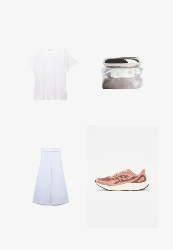 Weißes T-Shirt aus weichem, leichtem Stoff. Mit runder Halslinie und kurzen, weit geschnittenen Ärmeln für einen lässigen Sitz. Keine sichtbaren Muster.; Weiße Culottes mit weitem Bein, ausgestattet mit einem weichen, flexiblen Bund. Hergestellt aus einem glatten Stoff mit einem minimalistischen, klaren Design.; Rosa Laufschuhe mit einem Netz-Obermaterial, das ein strukturiertes Design und braune Akzente aufweist. Leichte Sohle mit erheblicher Dämpfung.; Drei übereinander gestapelte Ringe mit glatten Oberflächen, darunter ein silberner metallischer Ring, ein klar transparenter Ring und ein marmorierter hellgrauer Ring.