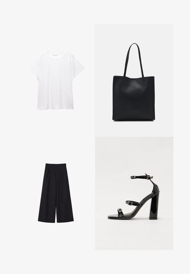 Hvid T-shirt lavet af blødt, let stof. Har en rund halsudskæring og korte, brede ærmer med en afslappet pasform. Ingen synlige mønstre.; Sorte vide bukser med draperinger, lavet af et glat stof. Har høj talje og et rent, skræddersyet snit.; Sorte patenterede hælsandaler med firkantet tå, ankelremme og sølvspænder. Har en chunky blokHæl for stabilitet.; Sort læder tote taske med glat tekstur, rektangulær form og to lange hanke. Ingen synlig hardware eller udsmykninger.
