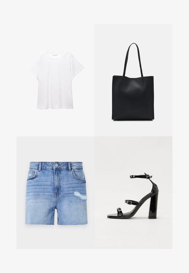 Fehér póló, puha, könnyű anyagból készült. Kerek nyakú, rövid, széles ujjaival és laza szabásával rendelkezik. Nincsenek látható minták.; Világoskék farmer rövidnadrág, megkopott felülettel. Öt zseb van rajta, elöl gombos záródással és egyenes szabással, fröcskölt aljjal.; Fekete lakk magas sarkú szandál négyzet alakú orral, bokapántokkal és ezüst csatokat tartalmaz. Masszív blokk sarka a stabilitásért felel.; Fekete bőrtáska sima felszínnel, téglalap alakú, két hosszú füllel. Nincs látható fémkiegészítő vagy díszítés.