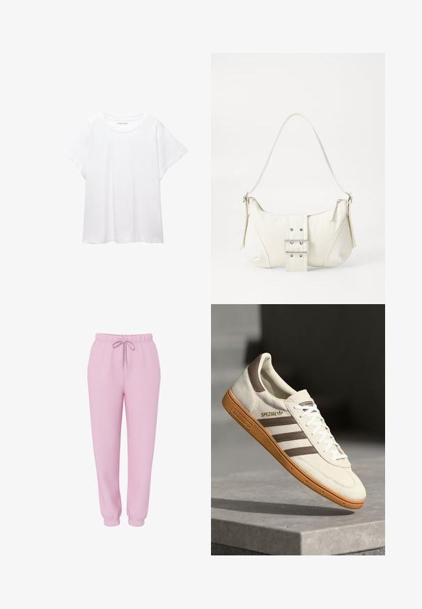 White T-shirt made of soft, lightweight fabric. Features a round neckline and short, wide sleeves with a relaxed fit. No visible patterns.; Pink sweatpants made of soft fabric, featuring an elastic waistband with a drawstring, tapered cuffs, and a relaxed fit design.; White suede sneaker with brown leather accents, three brown stripes, and white laces. Features a textured gum sole and gold "SPEZIAL" logo.; White shoulder bag with a textured finish, a central buckle accent, and a curved shape. Zipper closures on both sides.